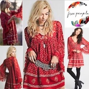 Free People Nomad Child Rose Red Lace Mini Dress Tunic Womens Medium